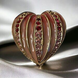 Monet Pink & Red‎ Heart Shaped Brooch Pin Rhinestones Gold Tone Domed Vintage